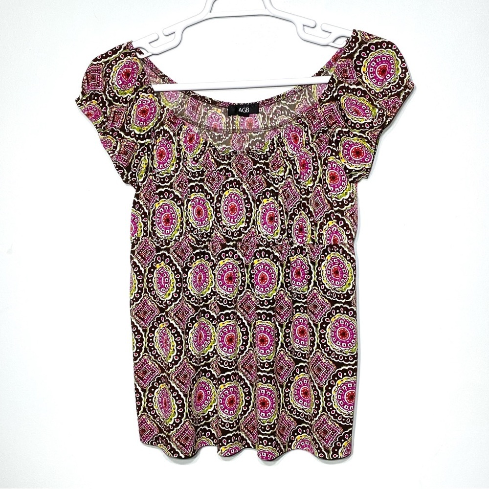 AGB Off Shoulder Blouse Womens XL Multicolor Geometric Circle Short Sleeve Tunic